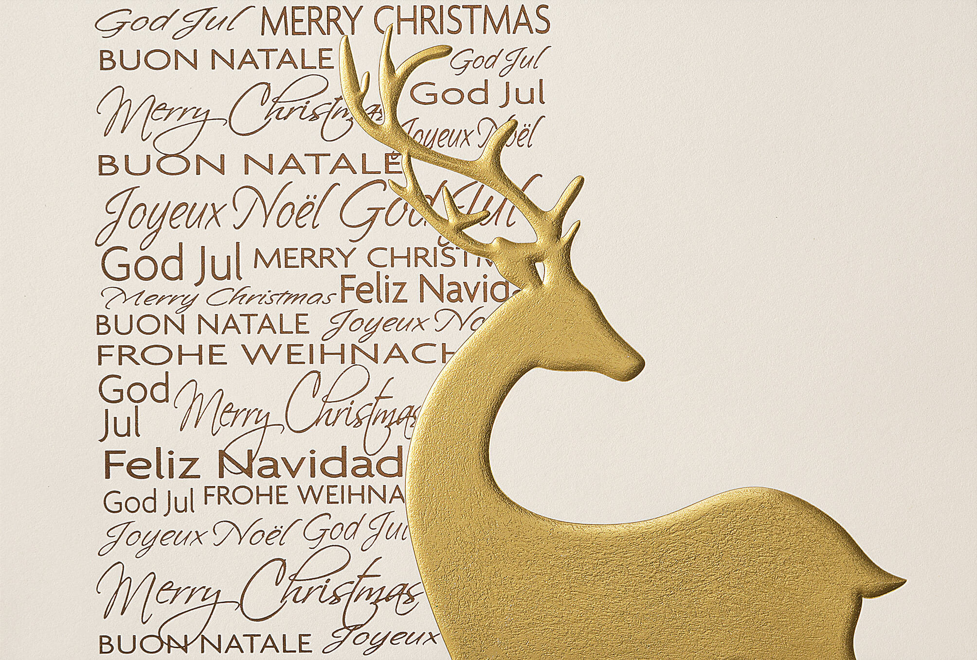 Cremefarbene Weihnachtskarte mit goldenem Hirsch und internationalen Weihnachtsgrüßen