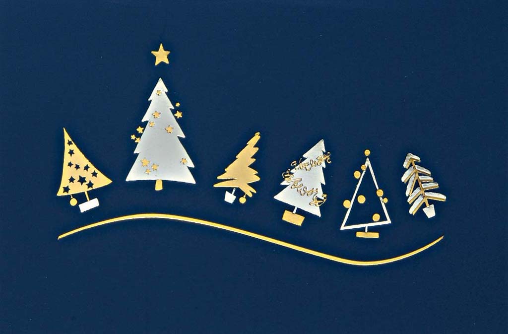 Dunkelblaue Weihnachtskarte mit golenen und silbernen Weihnachtsbäumen