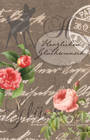 Vintage-Glückwunschkarte mit altdeutscher Schrift und Rosenblüten in zartem Rosa