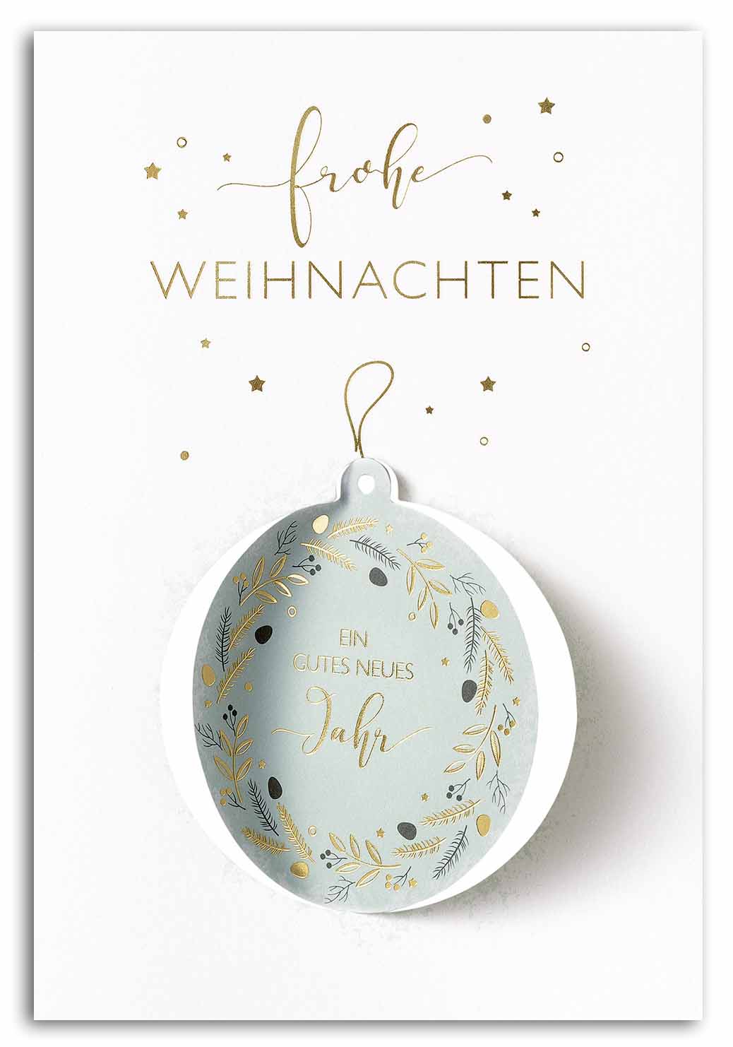 Weihnachtskarte in weiß mit beweglicher Christbaumkugel und Goldfolienprägung