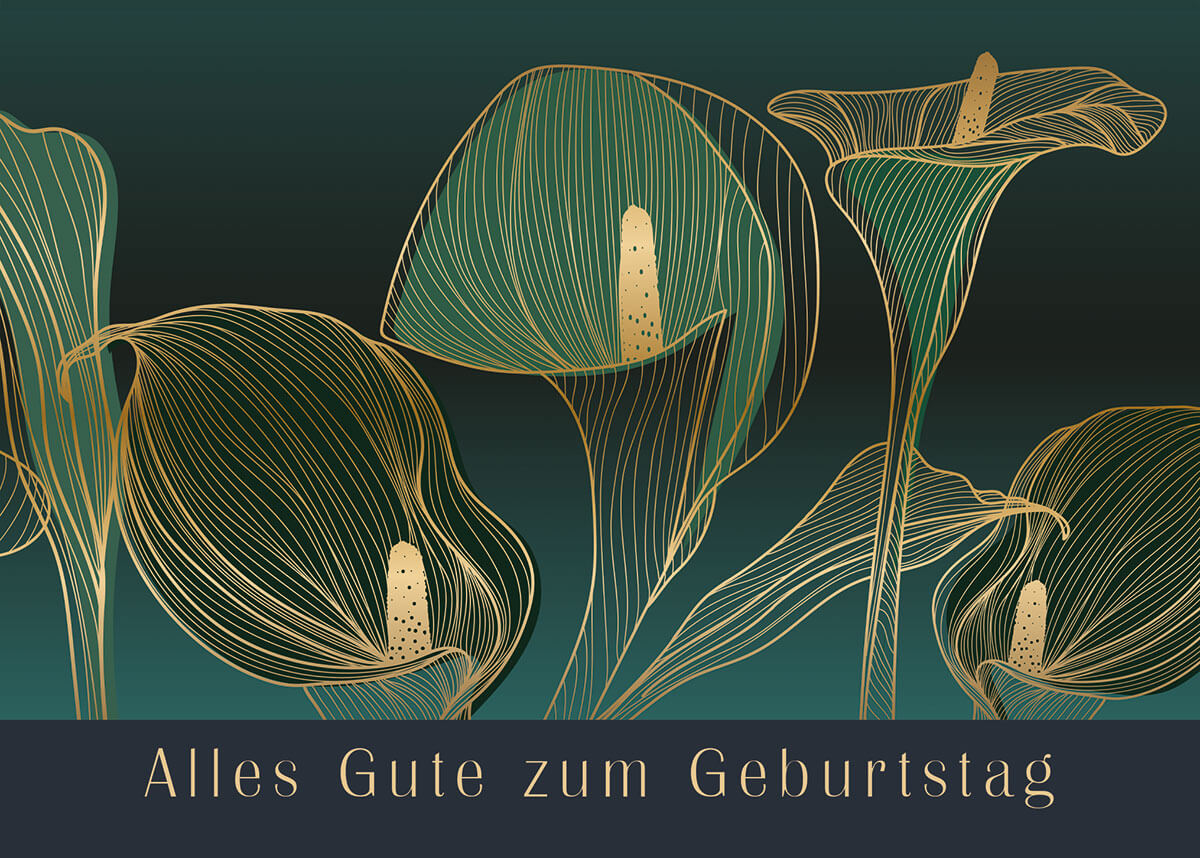 Elegante Glückwunschkarte zum Geburtstag mit Geburtstagsgrüßen und Kelchblüten