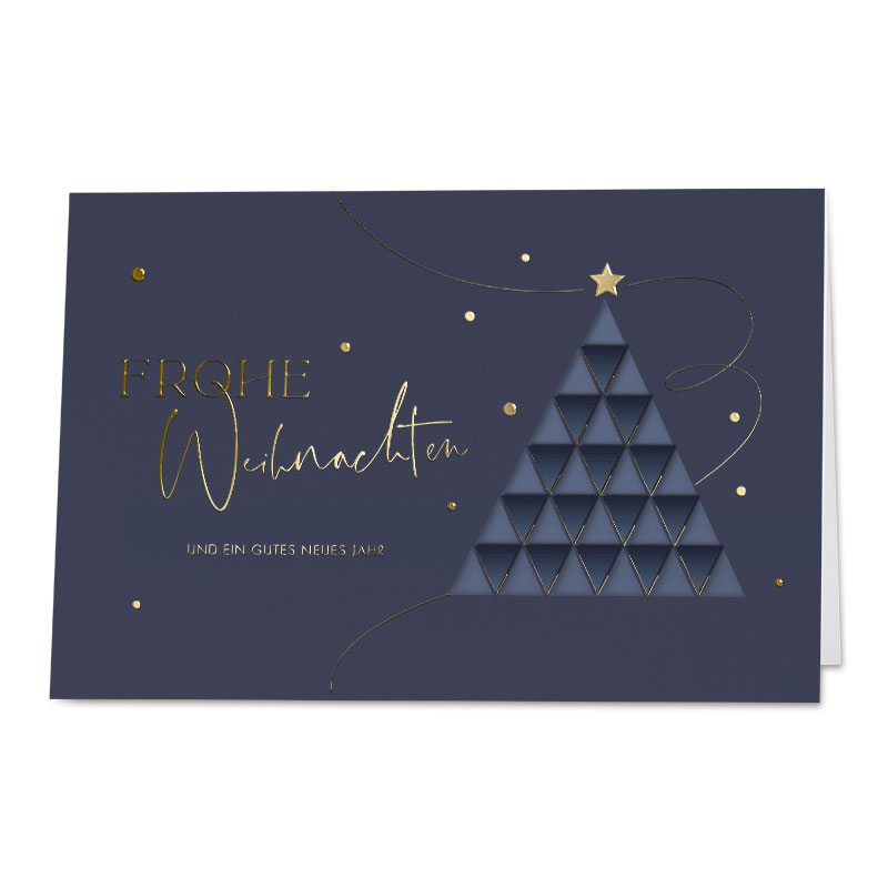 Dunkelblaue Weihnachtskarte mit Goldfolienprägung und Baum aus kleinen Dreiecken