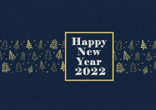 Blaue Neujahrskarte "Happy New Year 2022" mit kleinen Tannenbäumchen, inkl. Einlegeblatt