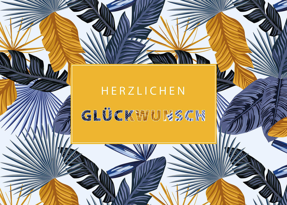 Trendige Glückwunschkarte mit blauen und gelben Farn- und Palmblättern für alle Anlässe