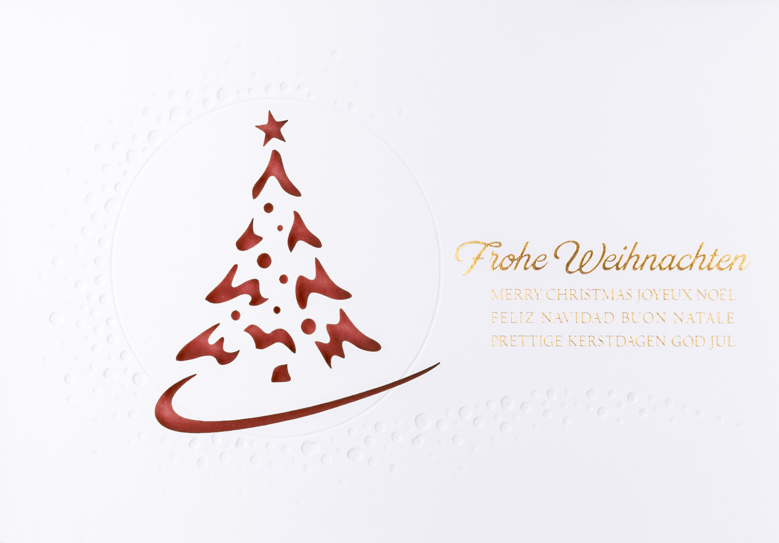 Weiße Laser-Weihnachtskarte mit goldener Folienprägung, Blindprägung und dunkelrotem Einlegeblatt