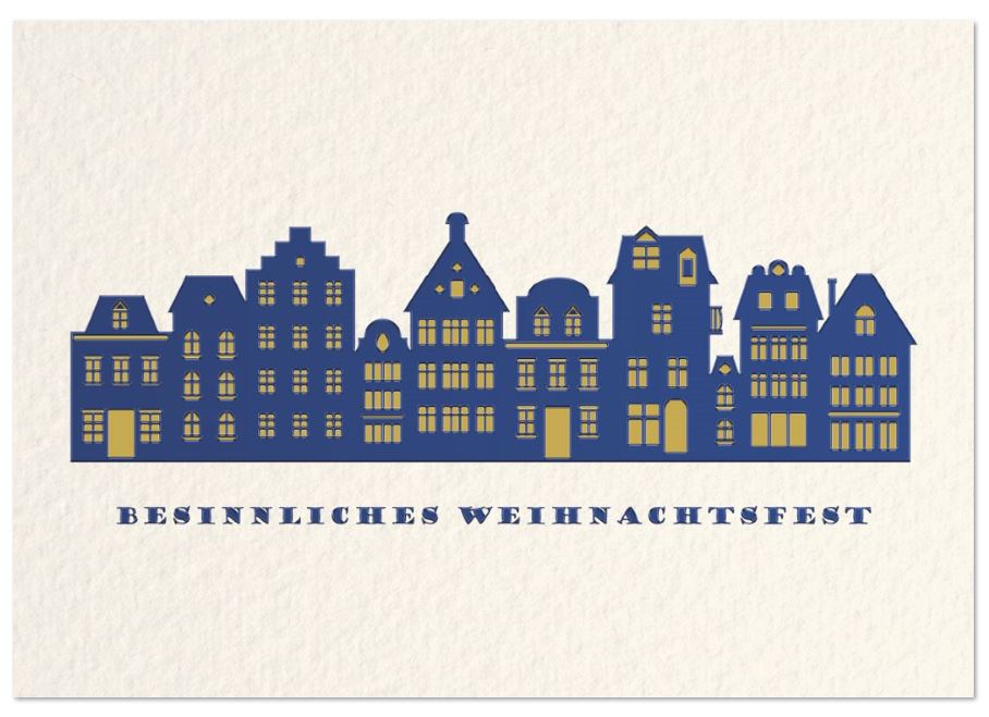 Spenden-Weihnachtskarte mit blauer Häuser Skyline und Weihnachtsgruß zugunsten Deutsche Kinderkrebs-Stiftung