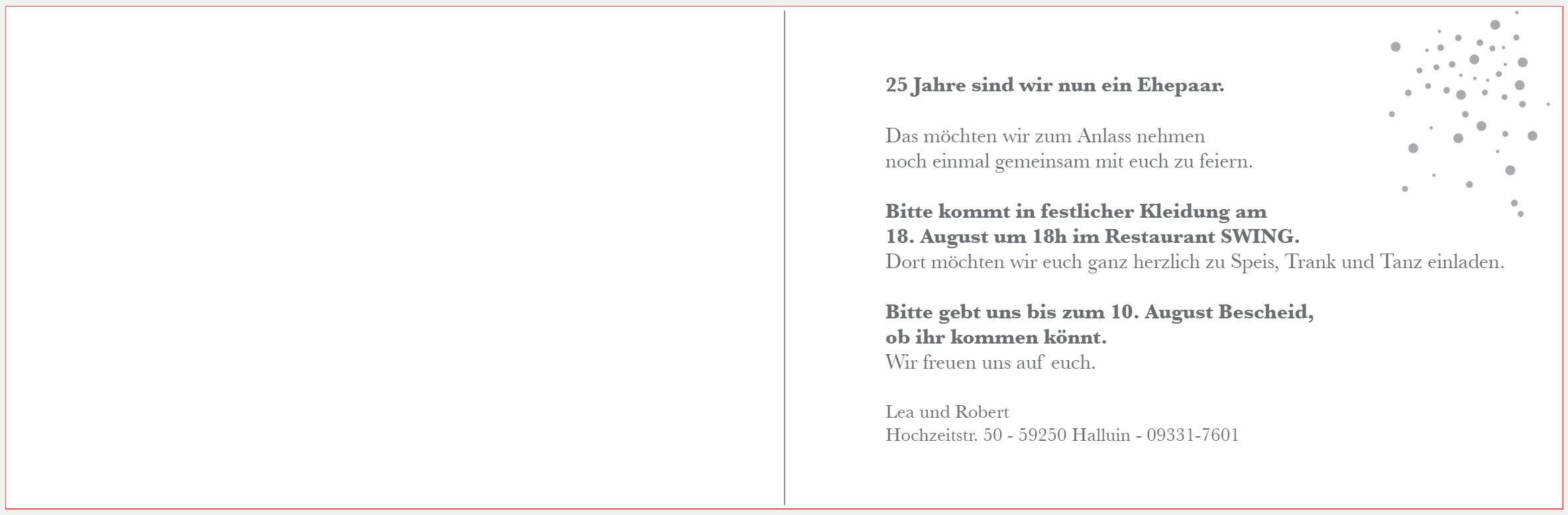 Beispielgestaltung für den Druck auf die Innenseiten der Einladungskarte zum 25-jährigen Ehejubiläum