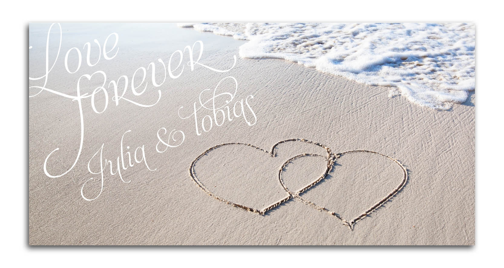 Maritime Hochzeitskarte Love forever mit Herzen im Sandstrand - querdoppelt im DIN lang Format