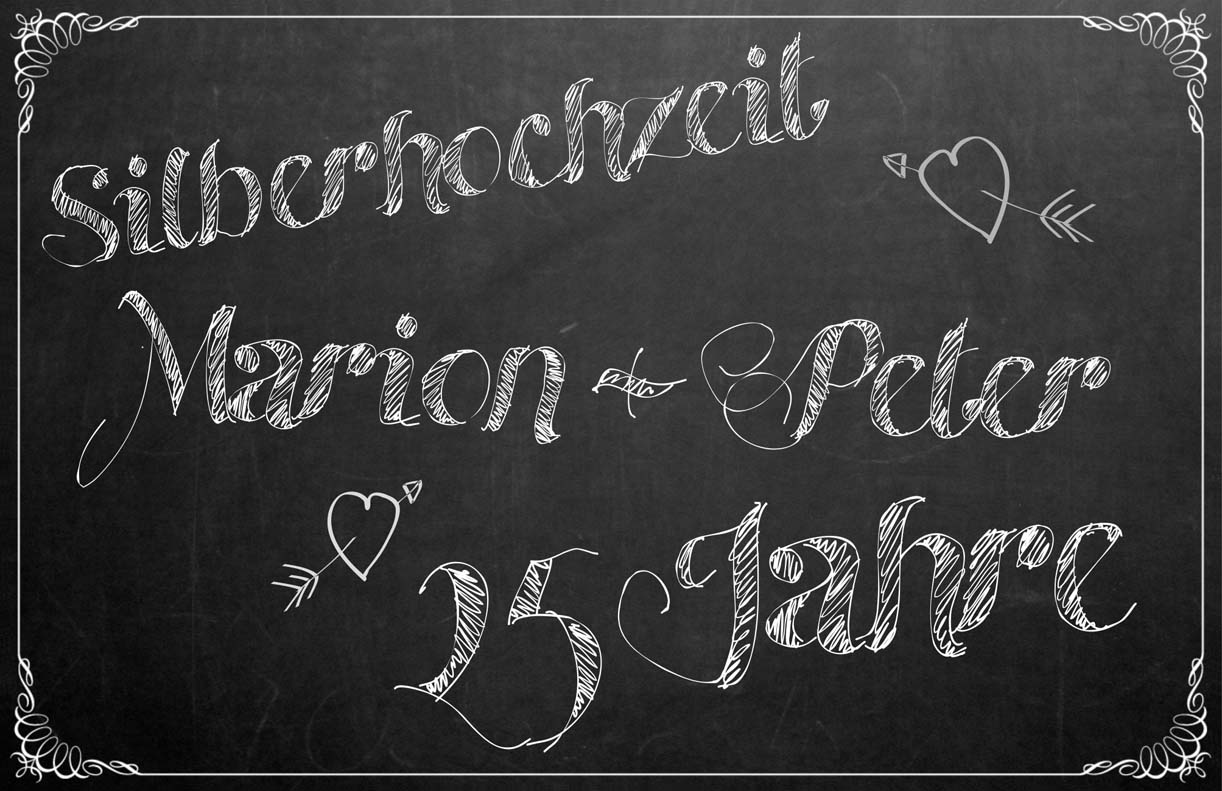 Silberhochzeit Einladungskarte mit Kreideschrift auf Schiefer-Tafel im Stil einer Schultafel