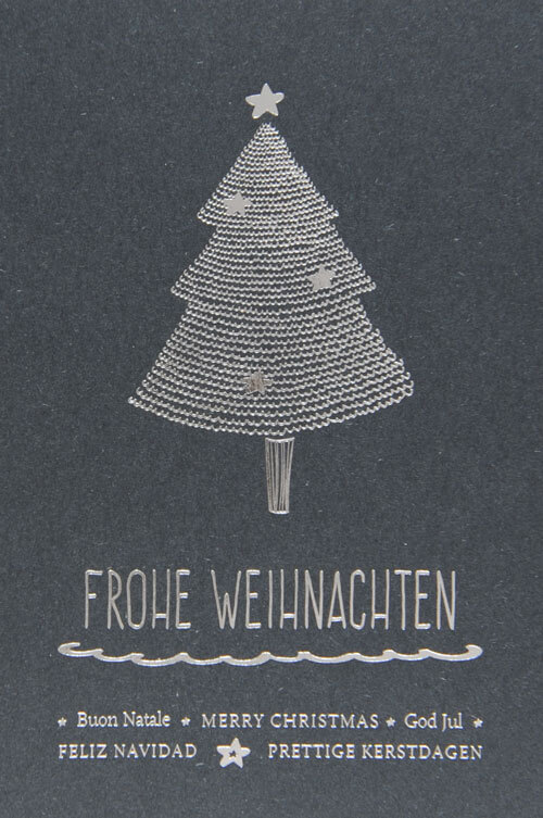 Edle Weihnachtskarte mit Folienprägung und internationalen Weihnachtsgrüßen