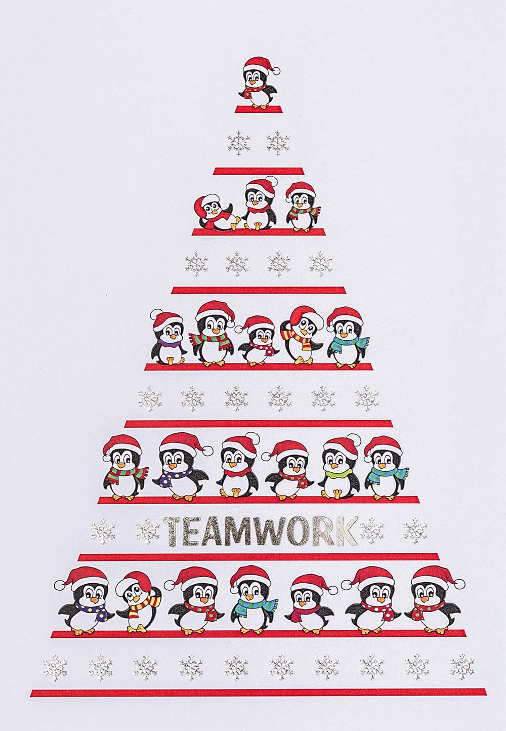 Fröhliche Team-Weihnachtskarte in weiß mit Pinguinen und dem Wort "Teamwork" in silber