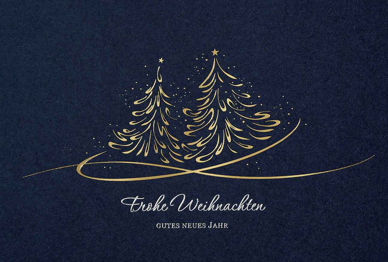 Dunkelblaue Weihnachtskarte mit goldenen Weihnachtsbäumen und silbernem Gruß