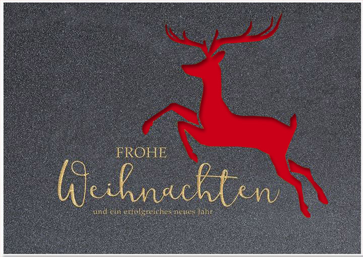 Stanz-Weihnachtskarte in grau mit Hirsch, goldenem Weihnachtsgruß und rotem Einlegeblatt