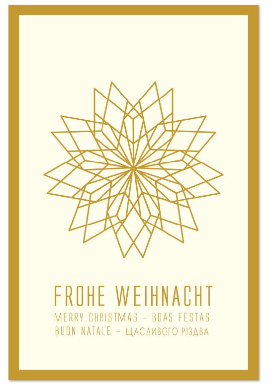 Cremefarbene Weihnachtskarte mit Goldfolienprägung internationaler Grüße, Rahmen und Stern