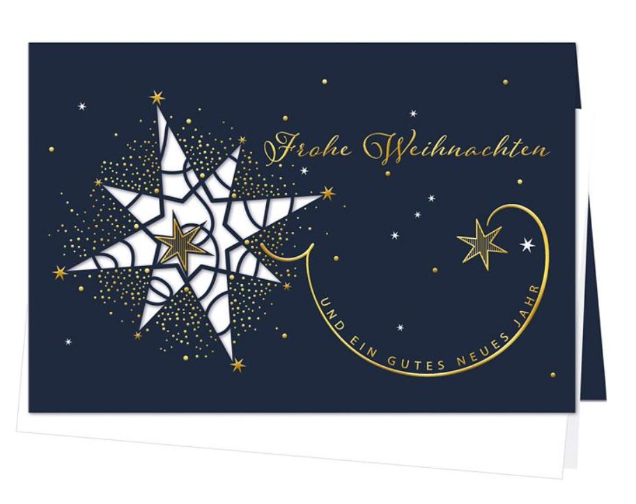 Festliche Weihnachtskarte in blau mit filigraner Laserstanzung und Goldfolienprägung, Einleger weiß