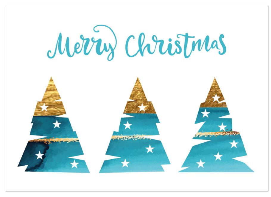 Englischsprachige Weihnachtskarte mit drei Tannen und kleinen Sternen sowie "Merry Christmas"