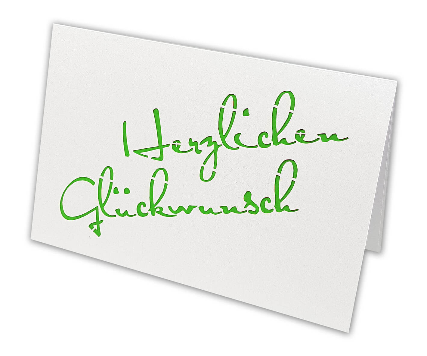 Weiße Metallic-Glückwunschkarte mit Ausstanzung "Herzlichen Glückwunsch" und Einlegeblatt in grün / weiß