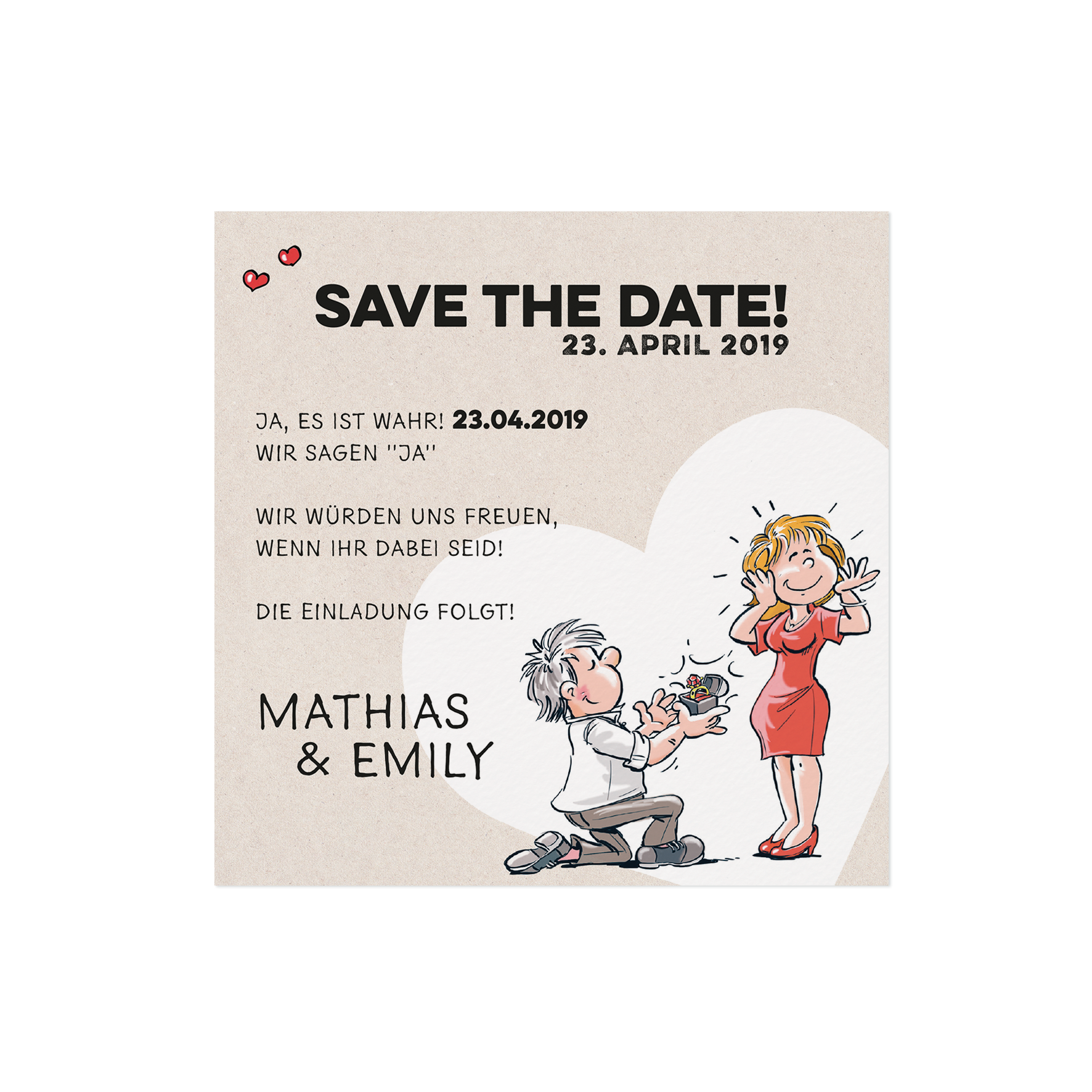 witzige Save the Date Karte mit Mann auf Knie für Heiratsantrag im Comic Style