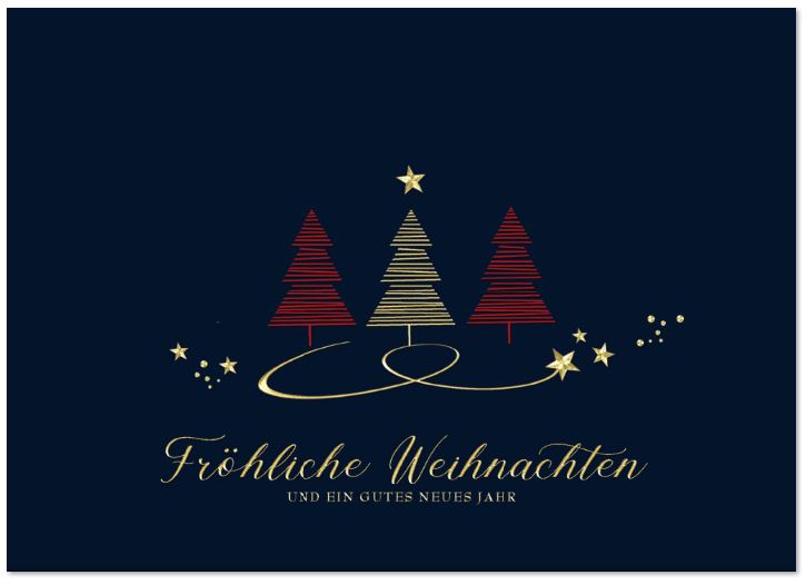 Blaue Weihnachtskarte aus Metallic-Karton mit drei Weihnachtsbäumen, Gruß und Sternen