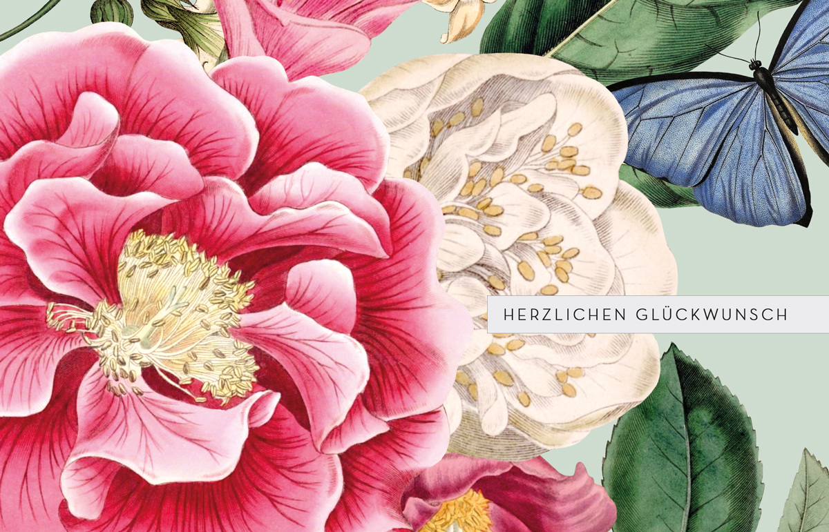 Bunte Glückwunschkarte mit "Herzlichen Glückwunsch" und üppigen Blumenblüten