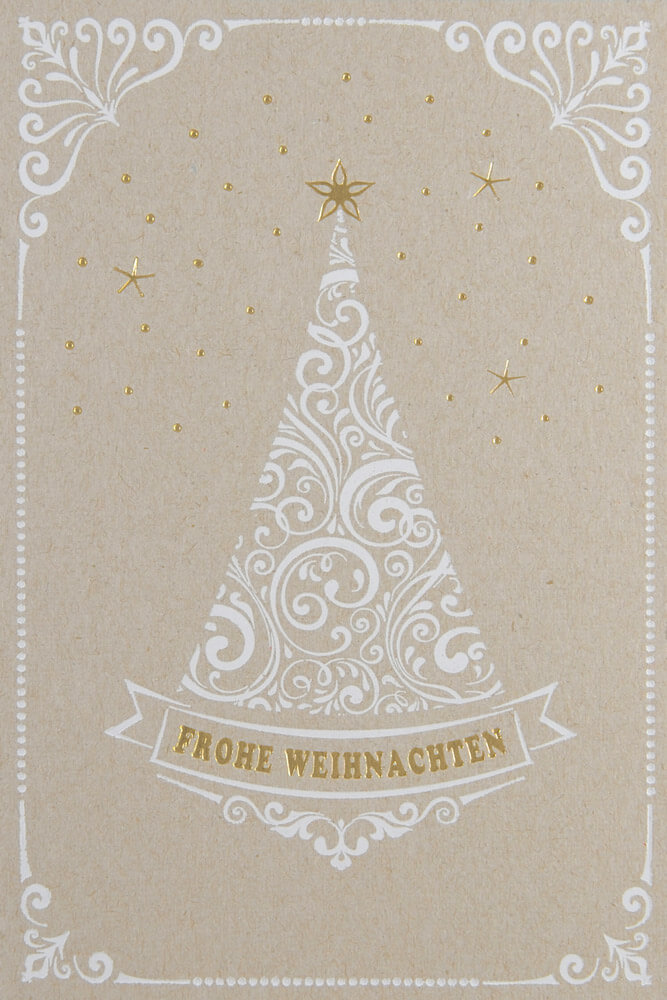 Rustikale Weihnachtskarte mit weißem Druck und Goldfolienprägung von Weihnachtsgruß und Sternen