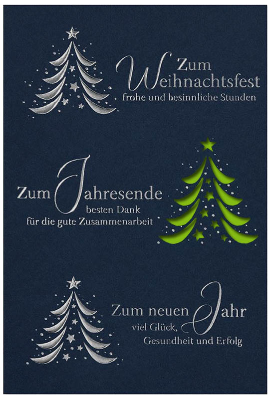 Firmen-Weihnachtskarte in blau mit Laserstanzung, Silberfoliendruck und Einleger in hellgrün