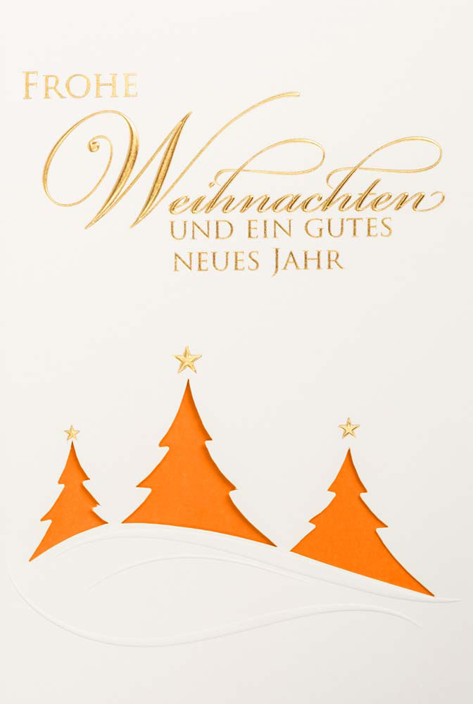 Weiße Weihnachtskarte mit Goldfolienprägung Weihnachtsgruß und orangenem Einlegeblatt