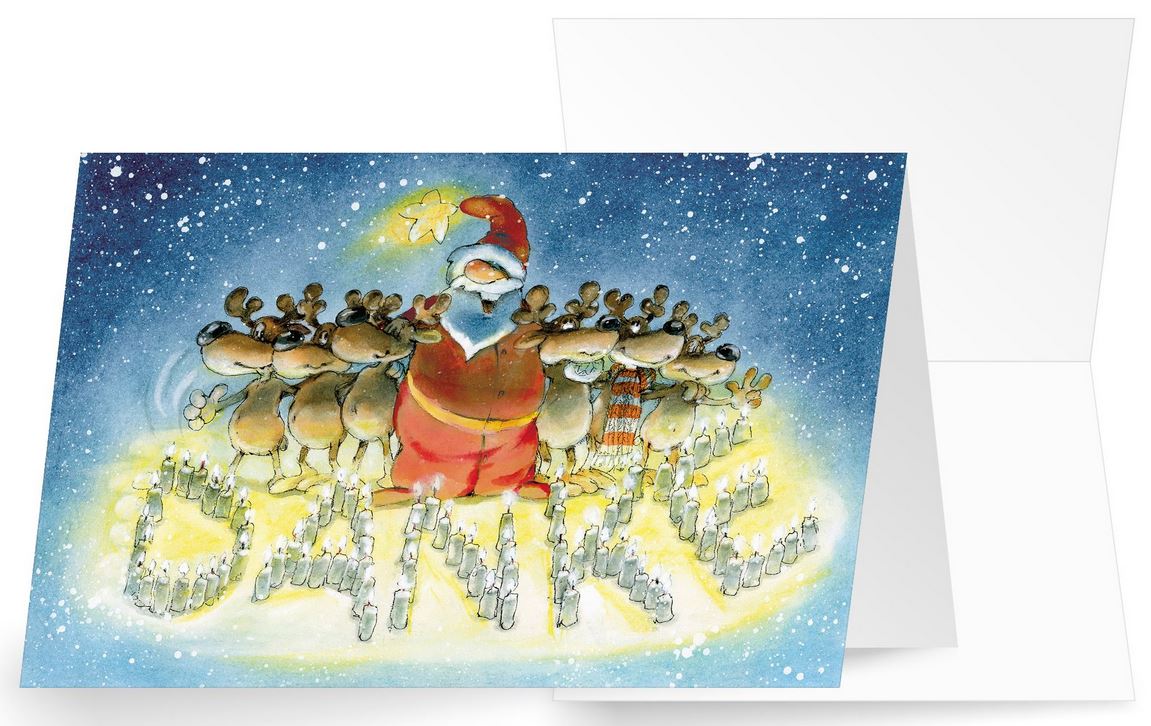 Originelle Dankkarte im weihnachtlichen Design mit "Danke" aus Kerzen, dem Weihnachtsmann und Rentieren