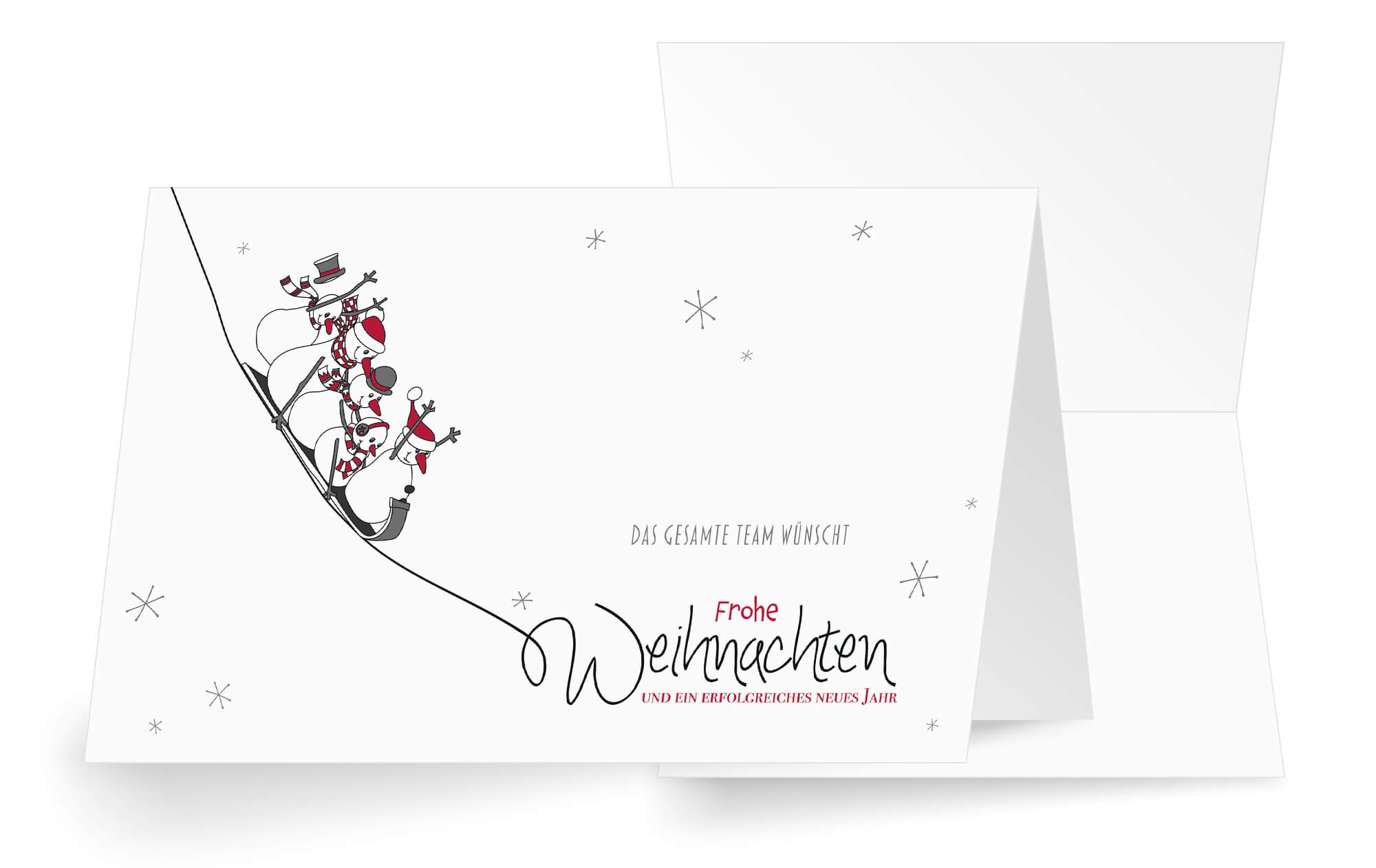 Fröhliche Weihnachtskarte mit Grüßen vom gesamten Team und Schneemännern auf dem Schlitten