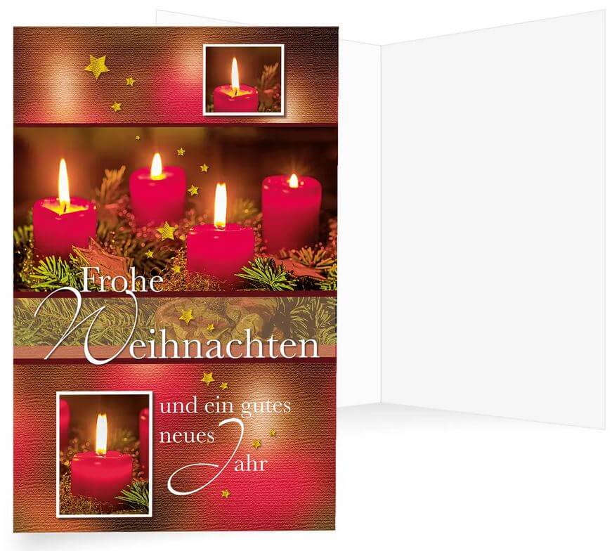 Festliche Spendenkarte mit Gruß und Adventskranz mit roten Kerzen für Ärzte ohne Grenzen