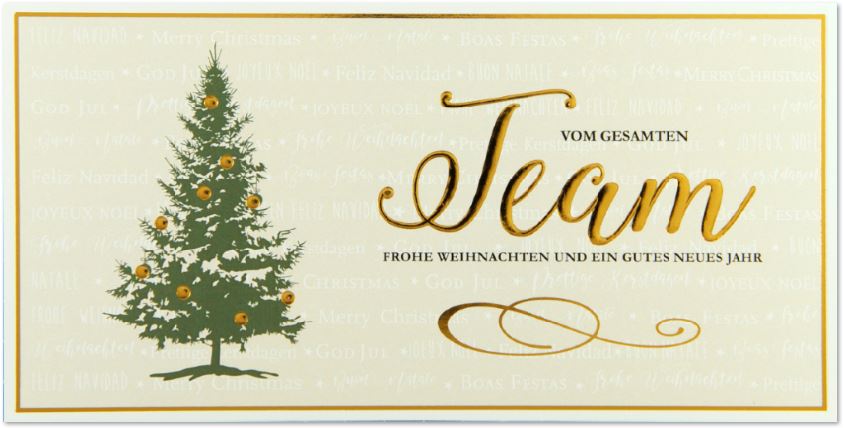 Cremefarbene Team-Weihnachtskarte mit Tannenbaum und internationalen Grüßen, DIN lang