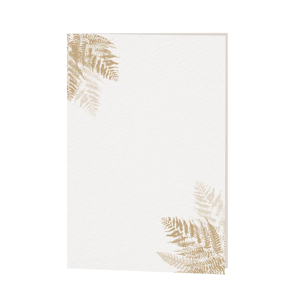 Florale Klappkarte in creme mit goldähnlichen Farnblättern, für Hochzeit, Geburtstag oder goldene Hochzeit