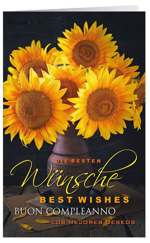 Sommerliche und mehrsprachige Glückwunschkarte mit "Die besten Wünsche" und Sonnenblumen in Vase