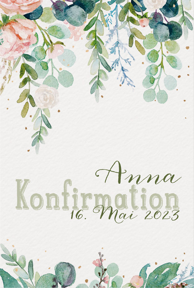 Blumige Einladungskarte zur Konfirmation mit Blättern und Rosenblüten auf Aquarellkarton