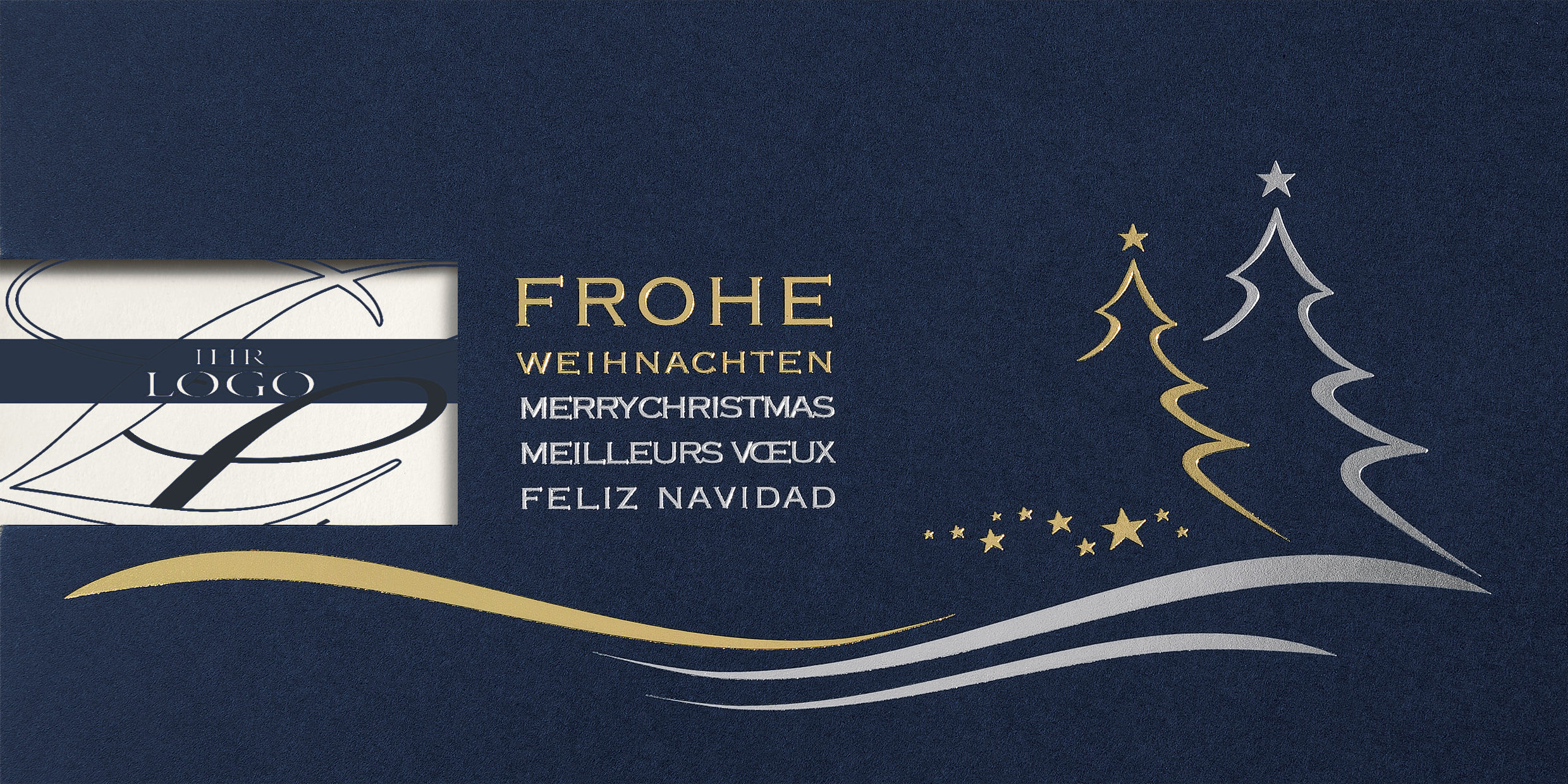 Firmenweihnachtskarte in blau mit internationalen Grüßen und Fenster für Logoeindruck