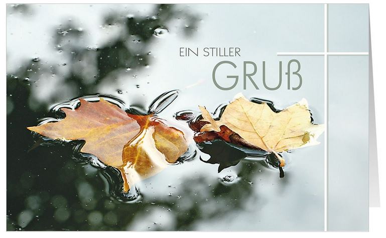 Stilvolle Kondolenzgrußkarte mit herbstlichem Laub auf dem Wasser und "Ein stiller Gruß"