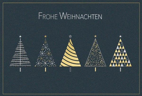 Festliche Weihnachtskarte in anthrazit mit Gold- und Silberfolienprägung und Weihnachtsgruß