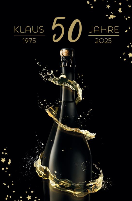 Stilvolle Einladungskarte mit Champagner-Flasche in schwarz-gold Gestaltung im Beispiel zum 50. Geburtstag.