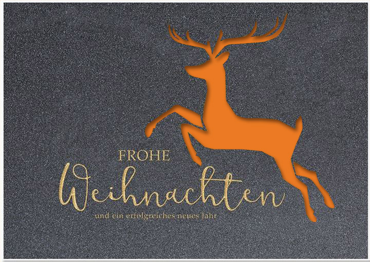 Geschäfts-Weihnachtskarte in grau mit Weihnachtsgruß, Hirsch und orangefarbenem Einleger