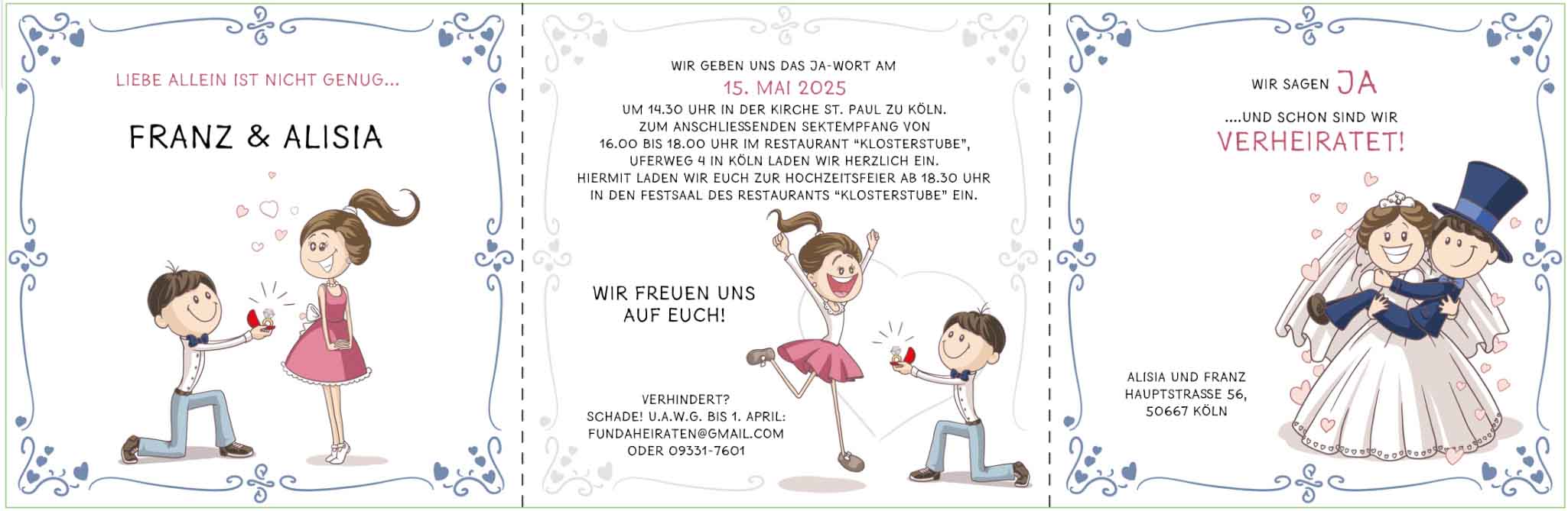 Lustige Zick-Zack Leporello Einladungskarte zur Hochzeit mit Hochzeitsantrag Comic Karikatur Geschichte