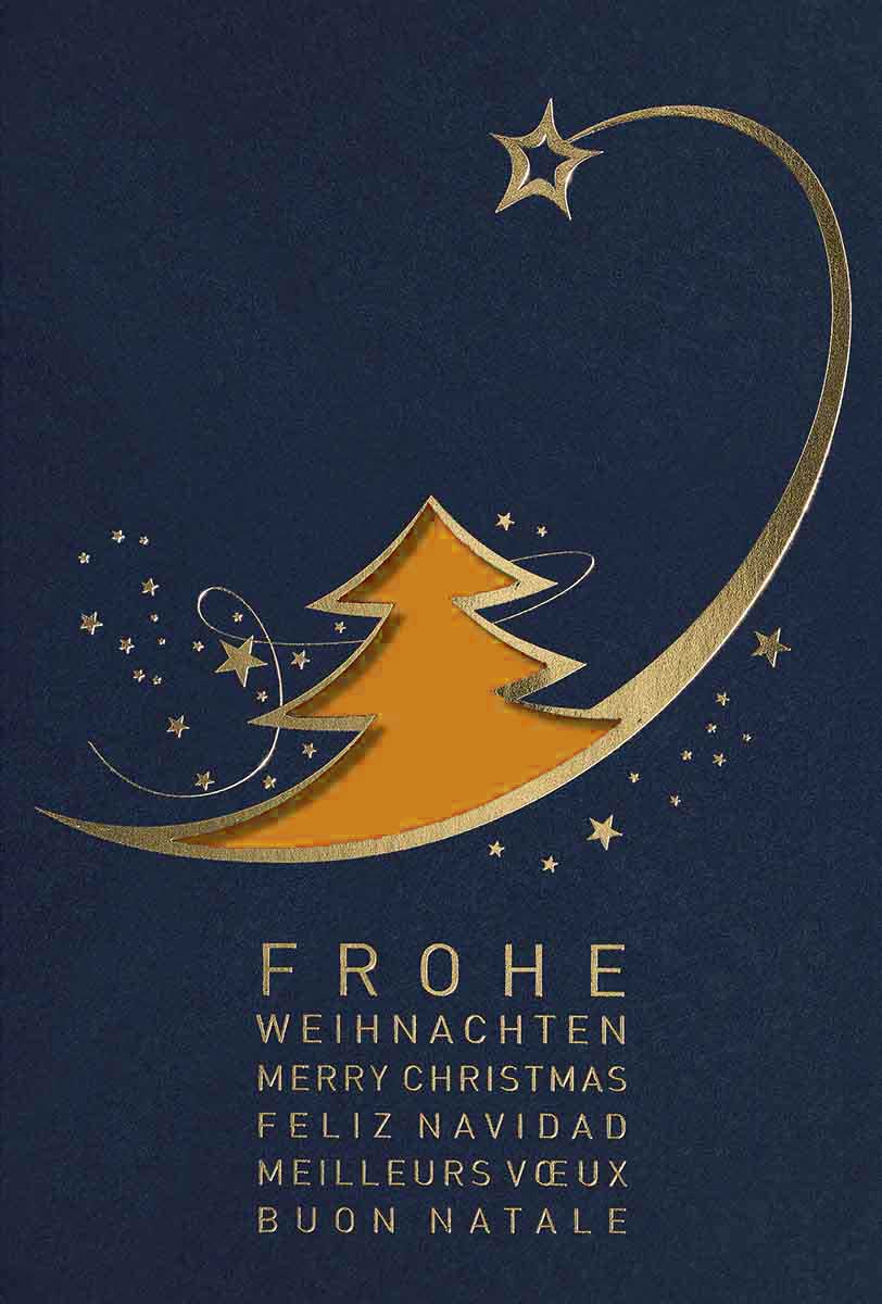 Internationale Stanz-Weihnachtskartein blau mit goldenen Sternen und orangenem Einlegeblatt