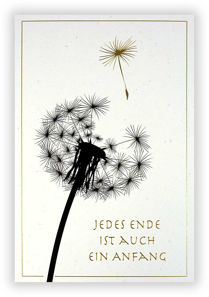 Trauer-Anzeigekarte mit Pusteblume, Samen und "Jedes Ende ist auch ein Anfang"