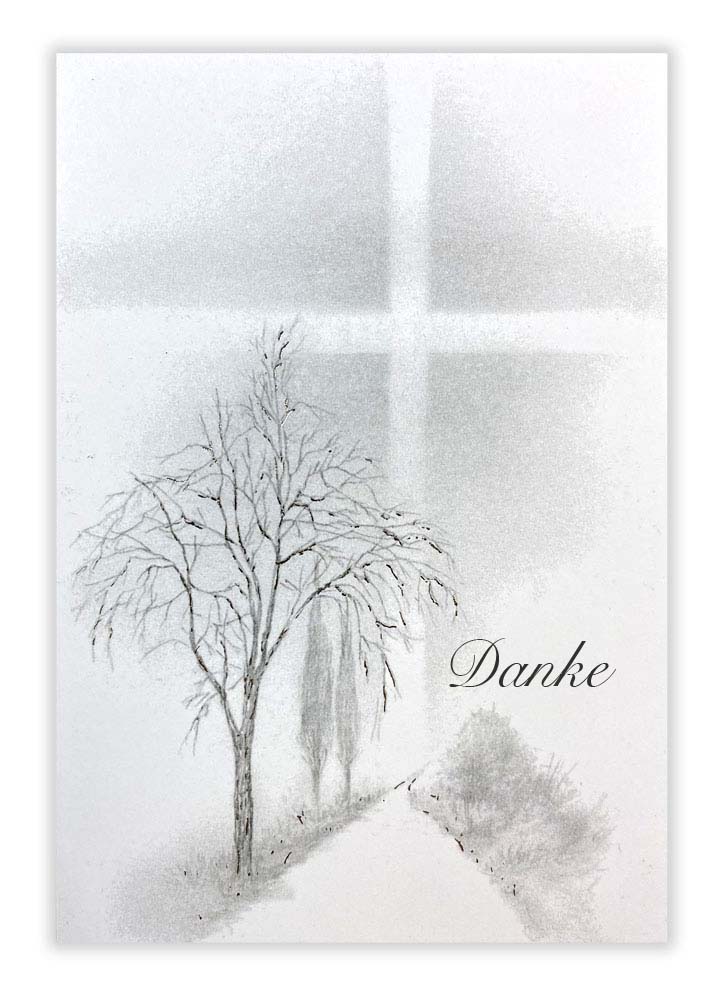 Trauer-Danksagungskarte mit Bäumen am Wegesrand, Schriftzug "Danke" und Kreuz