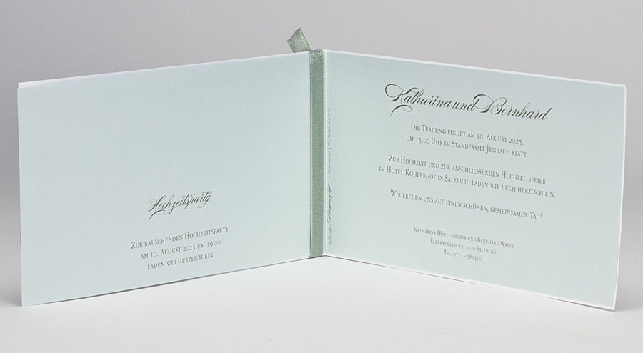 Innenansicht von exclusiver Hochzeitskarte mit Beispieltext für eine Hochzeitseinladung