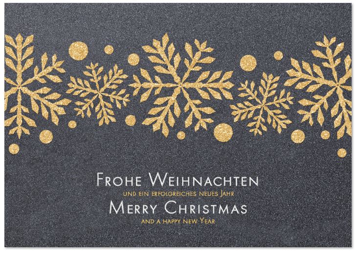 Anthrazitfarbene Firmen-Weihnachtskarte mit Eiskristallen und deutsch-englischem Gruß