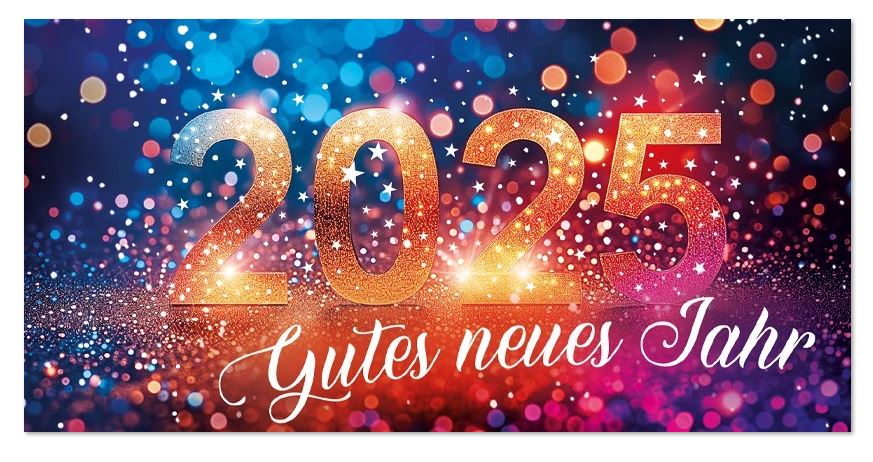 Knallig, bunte Neujahrskarte mit Jahreszahl 2025 und "Gutes neues Jahr"