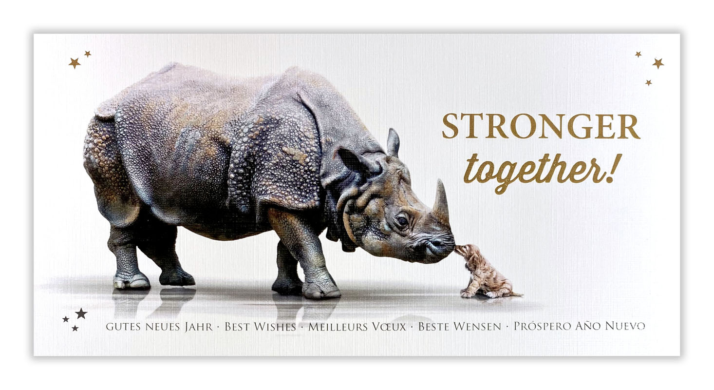 Lustige Neujahrskarte mit Nashorn und kleinem Hund die sich küssen sowie Schriftzug "STRONGER together!"