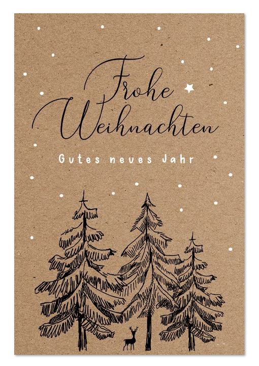 Spendenweihnachtskarte für die Deutsche Krebsgesellschaft mit Weihnachtsgruß, Hirsch und Tannen