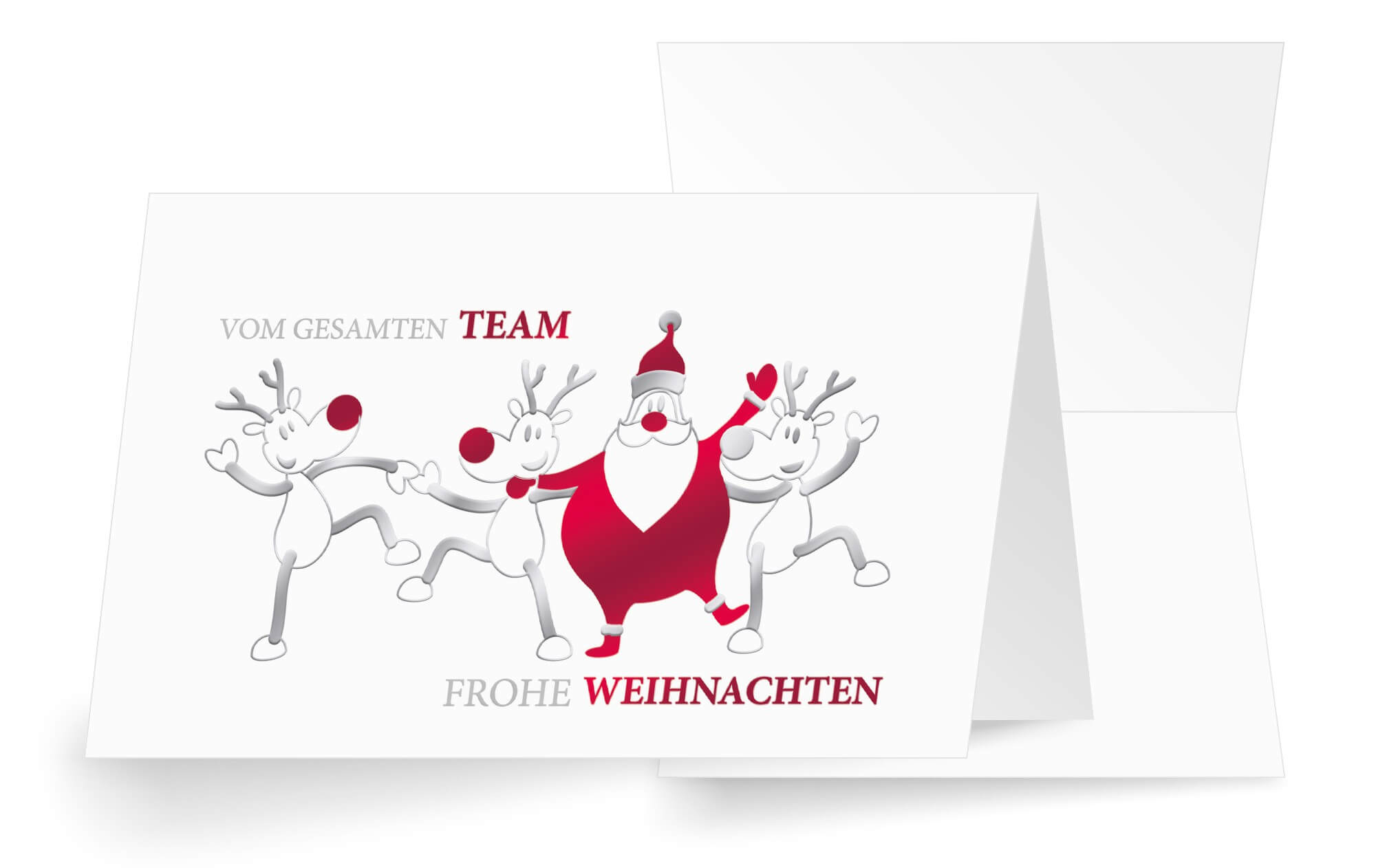 Fröhliche Team-Weihnachtskarte "Santa and Friends" mit tanzendem Weihnachtsmann 