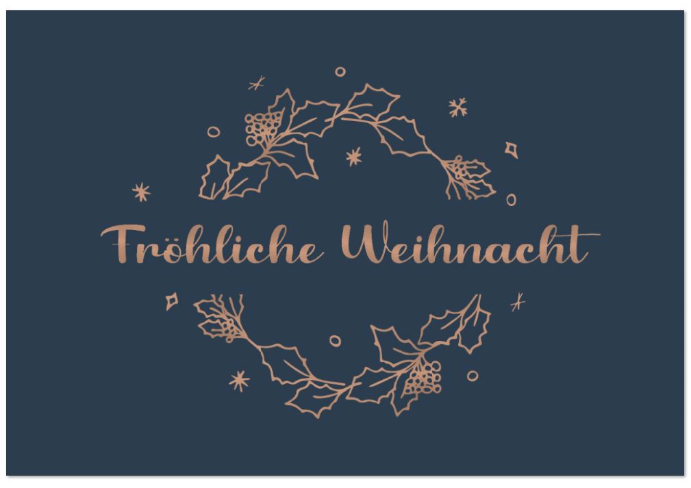 Preisattraktive Weihnachtskarte in blau mit "Fröhliche Weihnacht" und floralem Kranz